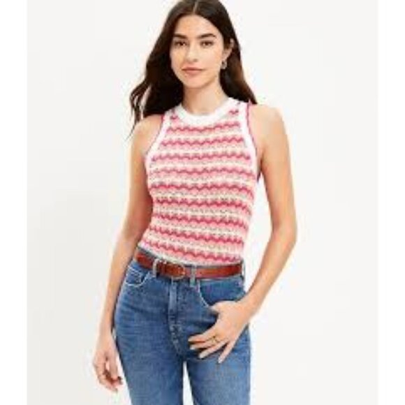NWT Loft Women's S Pink White Scalloped Halter Sweater Sleeveless Summer 70s - Picture 2 of 9